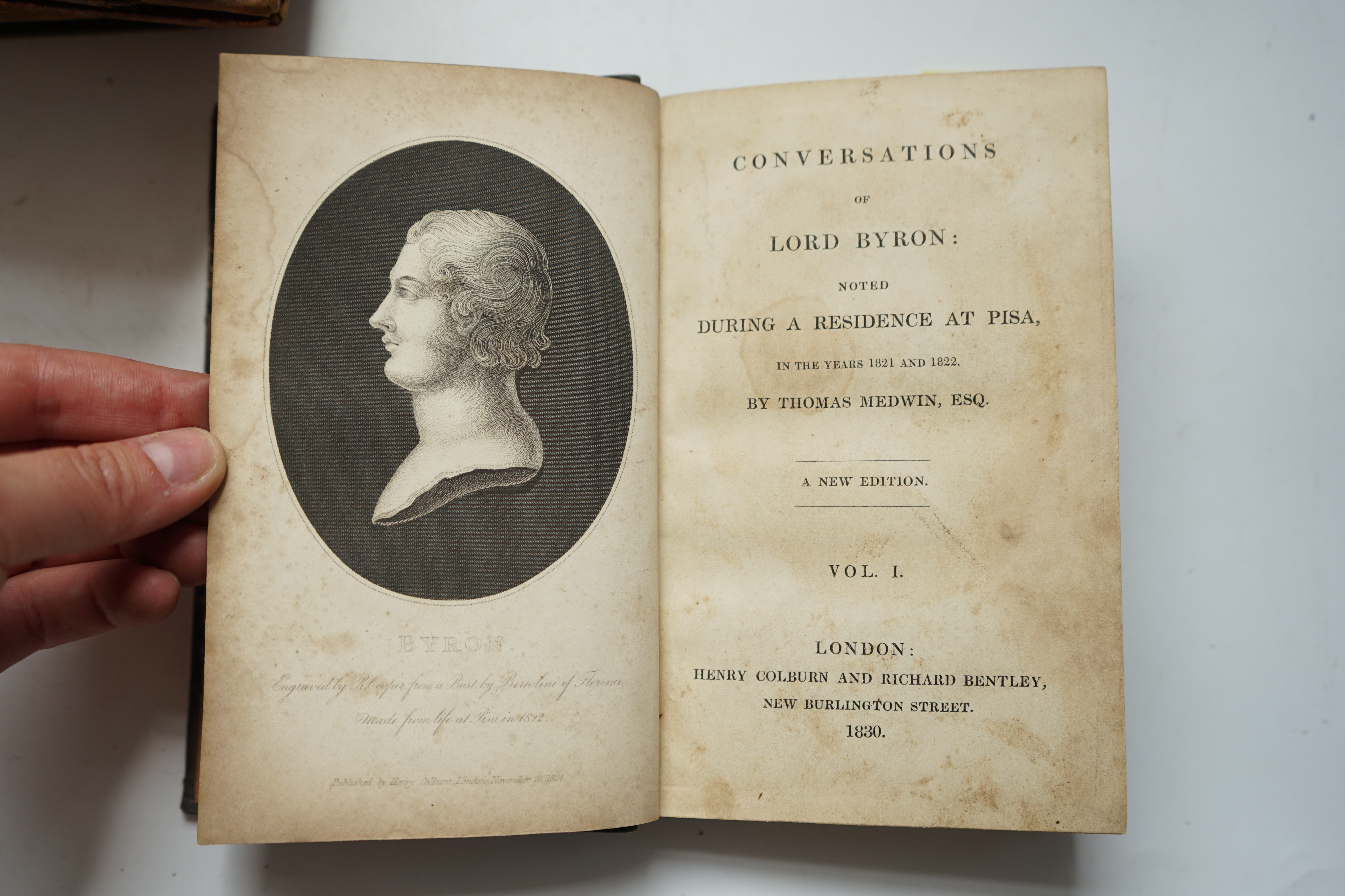 Medwin, Thomas - Conversations of Lord Byron noted During a Residence at Pisa, in the years 1821 and 1822, 2 vols, 12mo, half calf, Henry Colburn and Ruchard Bentley, London, 1830; another copy - 2 vols in 1, 8vo, half c